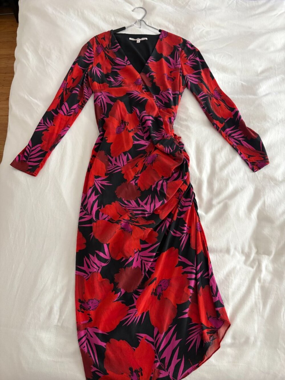 Veronica Beard Red Purple Floral Alvaro Long Sleeve Surplice Midi Dress